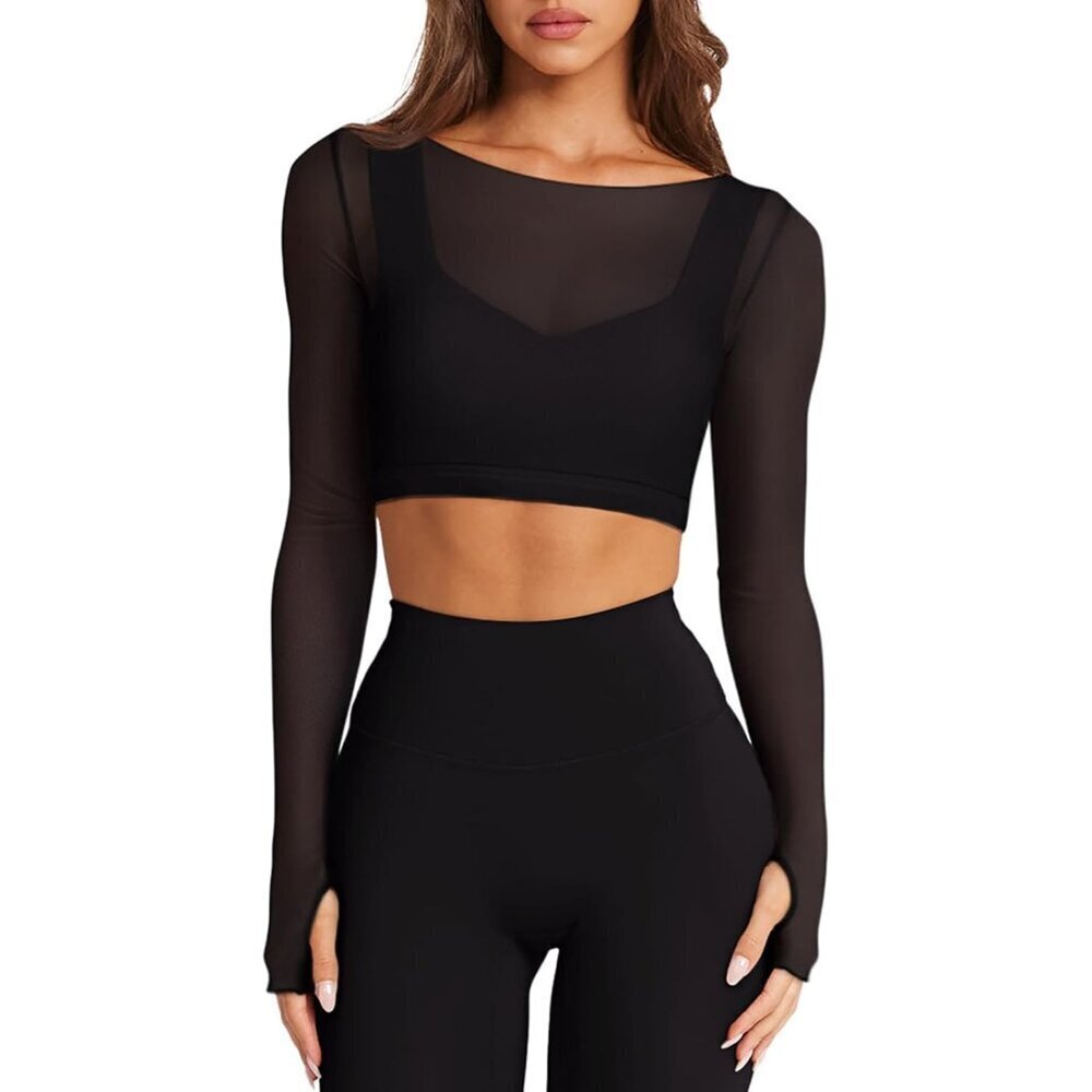 Mesh Long Sleeve Crop Top Women Built-in Support Athletic Gym Shirt